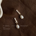 Gold Baguette Bar Pearl Drop Stud Earrings Matching Pair Style view 2