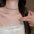 Silver Oval Rhinestone Necklace Choker Earring Four-Piece Sets view 4