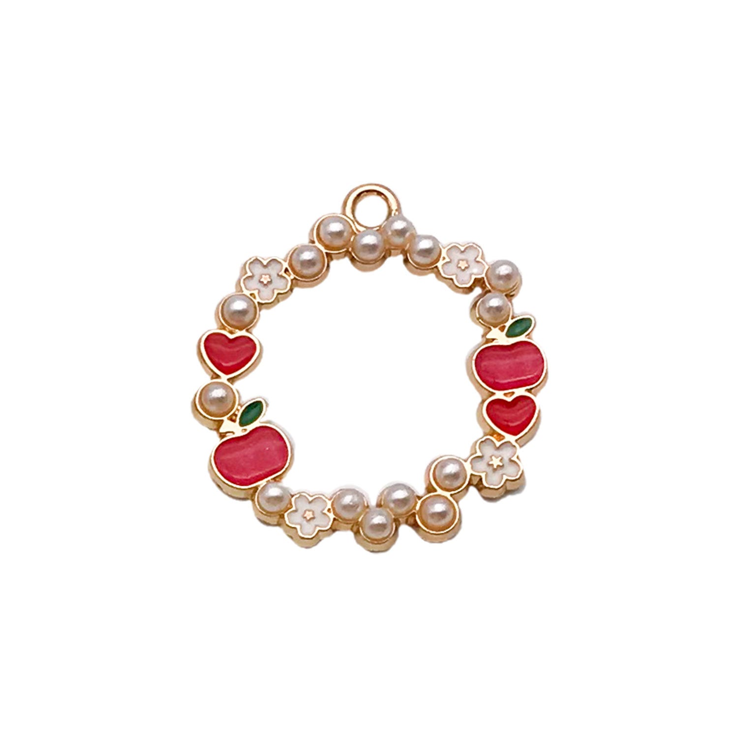 Zinc Alloy Pearl Wreath Heart Ring Flower Apple Charm Pendant for DIY Earring Keychain
