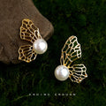 Gold Hollow Butterfly Pearl Dual Wear Stud Earrings view 3