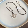 Black Cord Silver Openwork Flower Pendant Necklace view 2