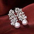 Silver Tone Leaf Cluster Faux Pearl Drop Earrings with Clear Stone Accents view 2