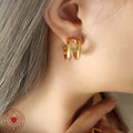 Double C-Shape Dual Band Stud Hoop Earrings Gold Steel view 3
