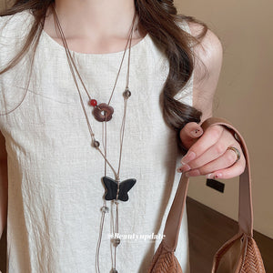Wood Butterfly And Flower Lariat Pendant Necklace With Cord
