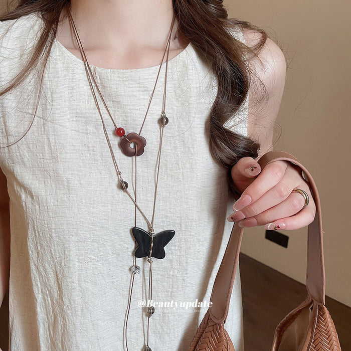 Wood Butterfly And Flower Lariat Pendant Necklace With Cord