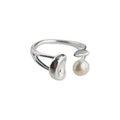 Silver Tone Sculpted Leaf And White Pearl Adjustable Open Ring view 5