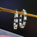 Blue and Clear Rectangular Stone Hoop Earrings in Silver Tone view 4