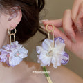 Fabric Flower Drop Earrings in Coral Purple and Blue Colorways view 3