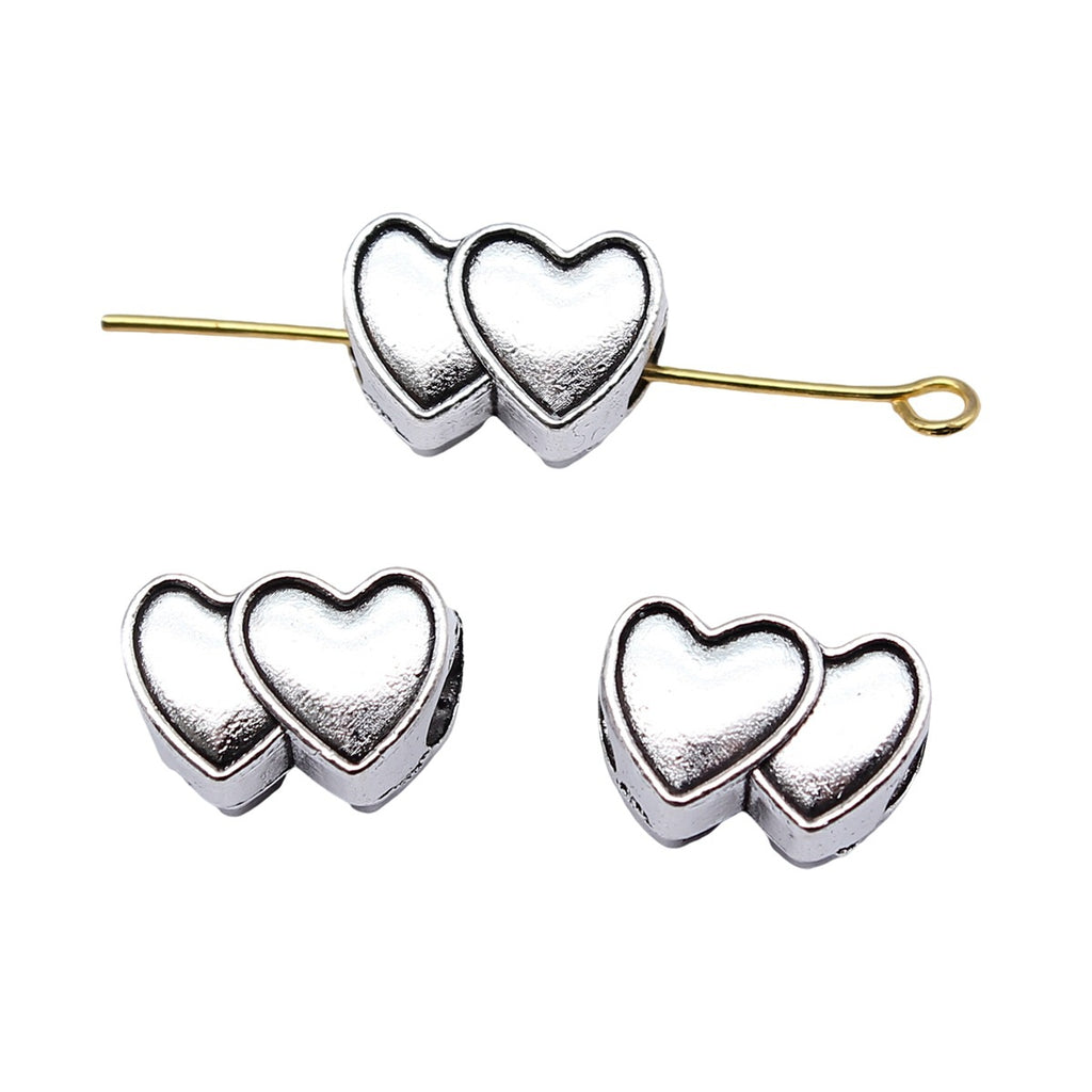 13.4x9.3x7.2mm 2.5g Antique Silver Zinc Alloy Double Heart Large Hole Beads for DIY Bracelet Necklace Making