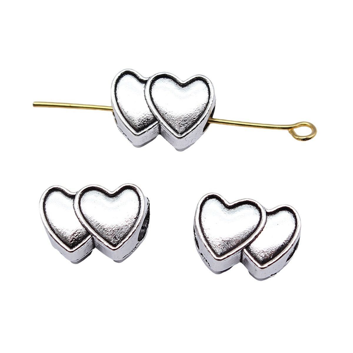 13.4x9.3x7.2mm 2.5g Antique Silver Zinc Alloy Double Heart Large Hole Beads for DIY Bracelet Necklace Making