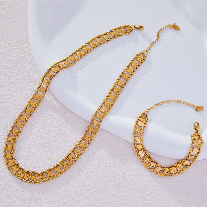 Gold Multilayer Starburst Square Link Necklace Bracelet