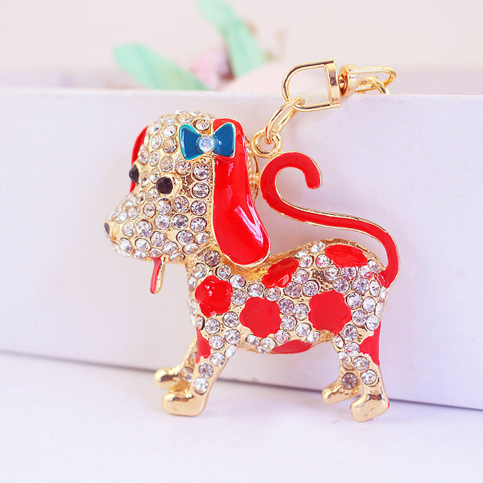 Cute Rhinestone Spotted Dog Car Keychain Bag Charm