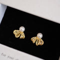 Bow Stud Earrings with Clear Crystals and Pearl Like Tops view 1