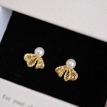 Bow Stud Earrings with Clear Crystals and Pearl Like Tops