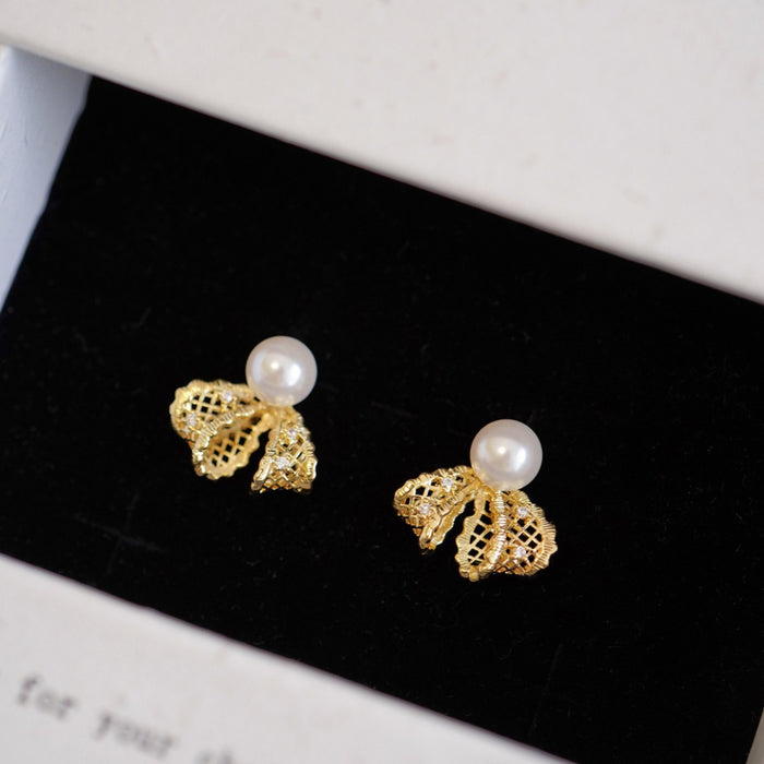 Bow Stud Earrings with Clear Crystals and Pearl Like Tops