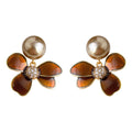 Cream Pearl Amber Brown Enamel Flower Drop Earrings view 5