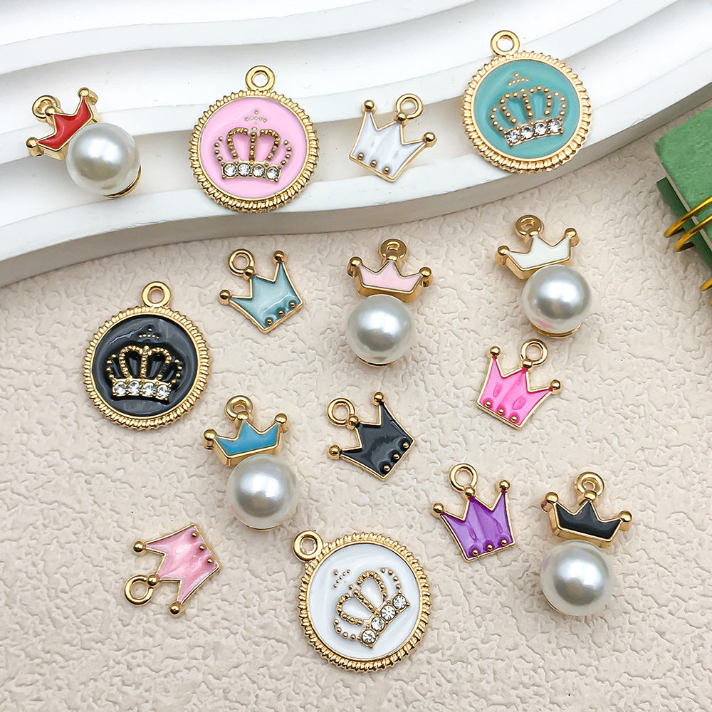 Enamel Zinc Alloy Pearl Crown Charm Pendant for DIY Necklace Keychain Jewelry Making