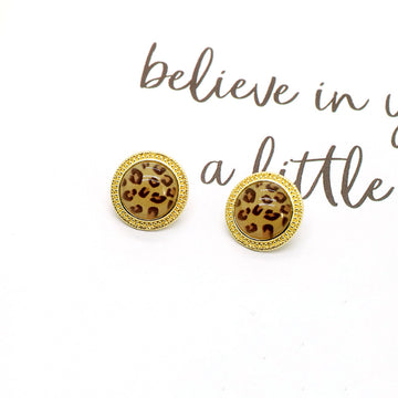 Gold Tone Round Leopard Pattern Resin Stud Earrings