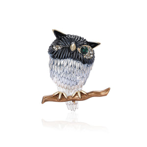 Single Eye Metal Owl on Branch Brooch in Brown and Blue