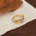 Gold-Tone Open Ring Purple Oval Crystal Leaf Accents view 4