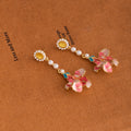 Pink Floral Cluster Pearl Look Long Dangle Earrings view 2