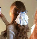 White Blue Floral Chiffon Scrunchie Bow Ribbon Hair Tie view 6