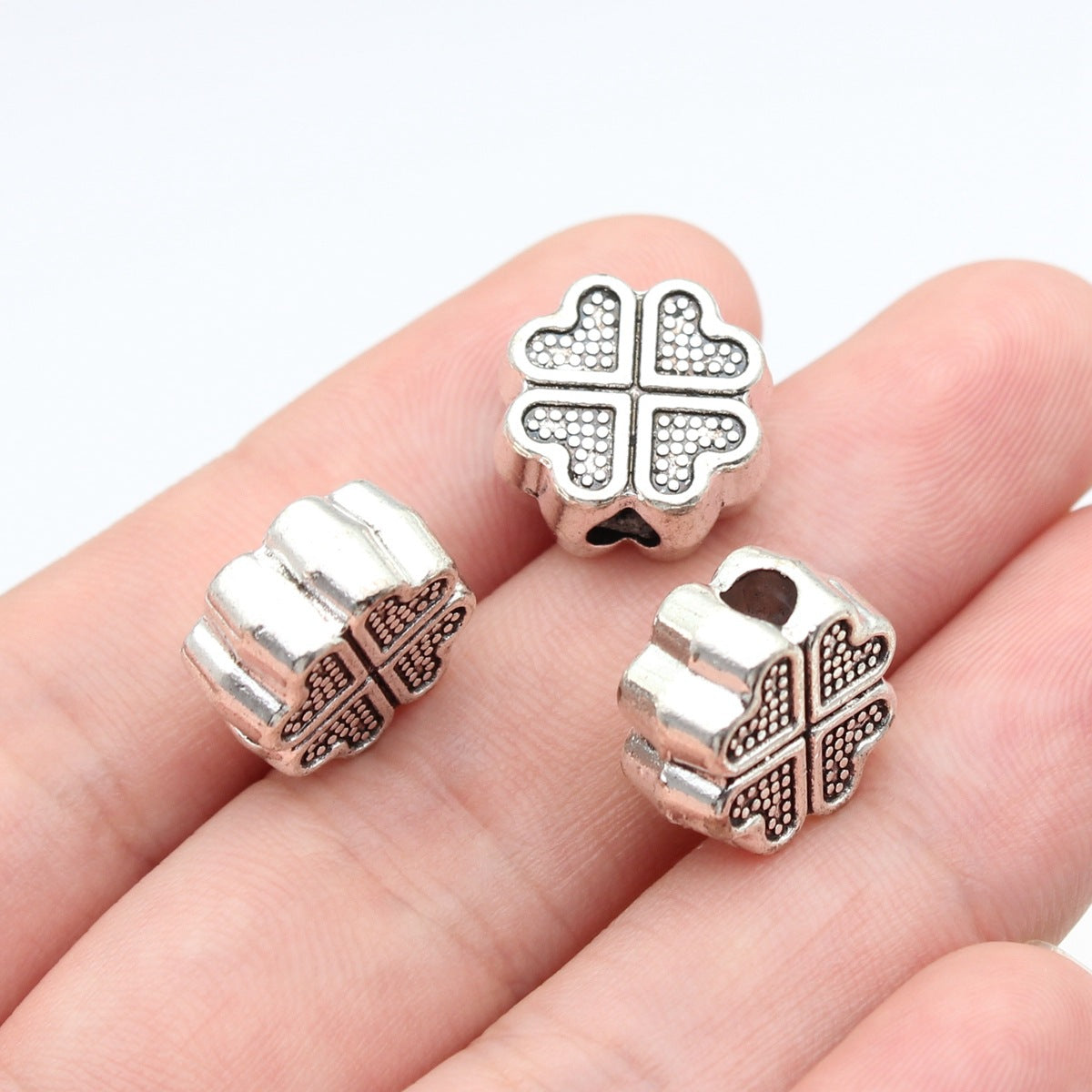 14x14x7mm 4.9g Antique Silver Zinc Alloy Four Leaf Clover Large Hole Beads for DIY Bracelet Making