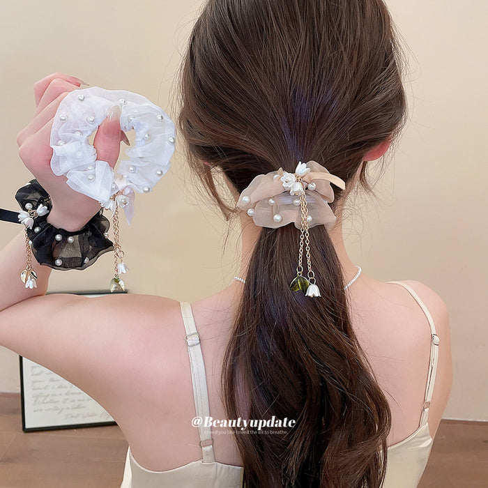 Organza Bow And Pearl Scrunchies With Charm Tassels