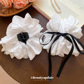 White Eyelet Fabric Flower Hair Claws Pearl Black Bow view 2