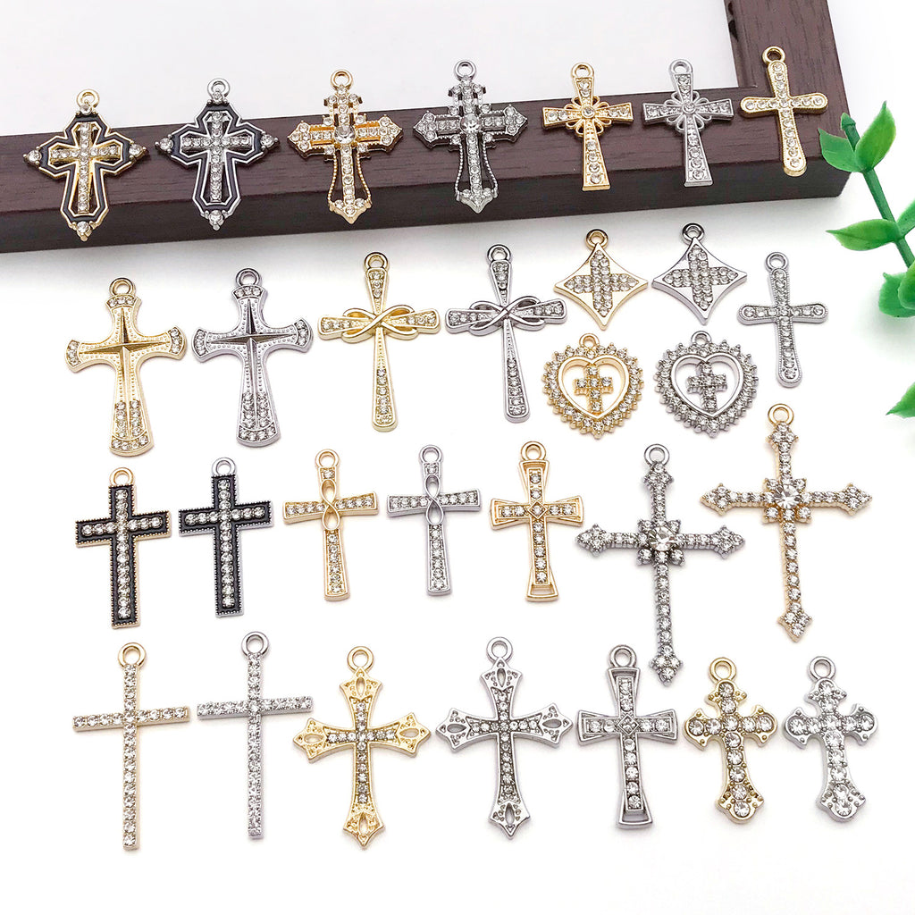 Rhinestone Zinc Alloy Vintage Cross Charm Pendant for DIY Necklace Bracelet Keychain