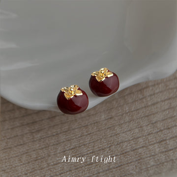 Wine Red Enamel Persimmon Gold-Tone Cap Stud Earrings