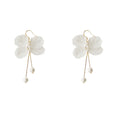 Gold Tone Translucent White Flower And Pearl Chain Drop Earrings view 5