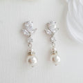 Silver Tone Leaf Crystal Pearl Drop Earrings view 2