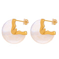White Resin Disc Stud Earrings Wavy Metal Accent Gold Steel view 5
