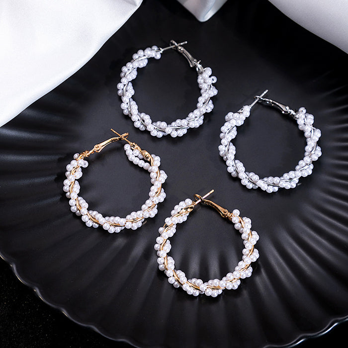 Gold Tone Small Hoop White Pearl Look Bead Cluster Earrings