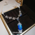 Pearl Necklace Blue Opal Oval Pendant And Drop Earrings view 3