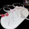 Red Bow Crystal Choker Necklace With Pearl Chain Drops view 3