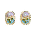 Gold Tone Painted Floral White Pearl Oval Stud Earrings view 5