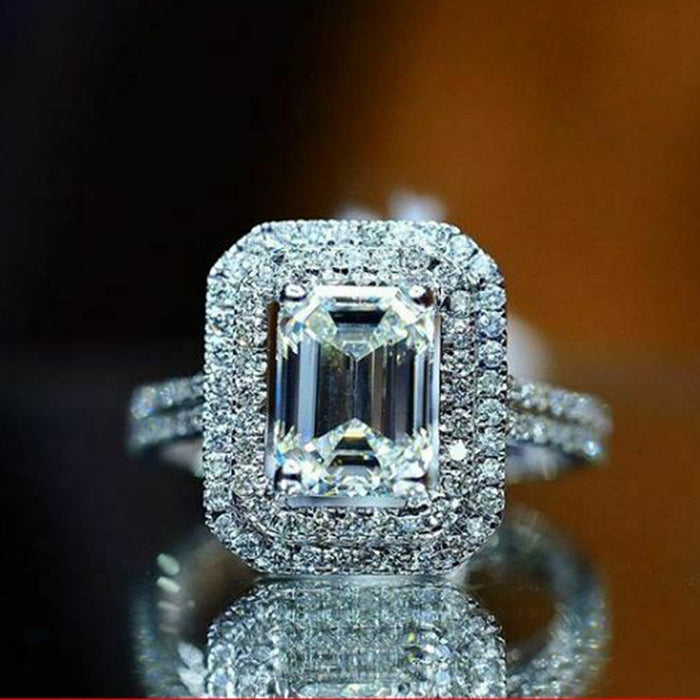 Silver Tone Rectangular Halo Ring with Clear Stone Bands