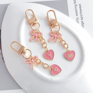 Pink Enamel Bow and Heart Initial Keychain with Gold-Tone Snap Clip