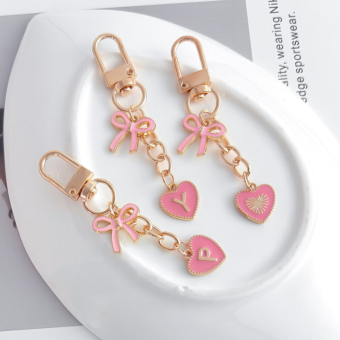 Pink Enamel Bow Heart Initial Keychain with Gold-Tone Clip