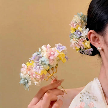 Multicolor Fabric Flower Double Prong Gold Hair Comb Pin