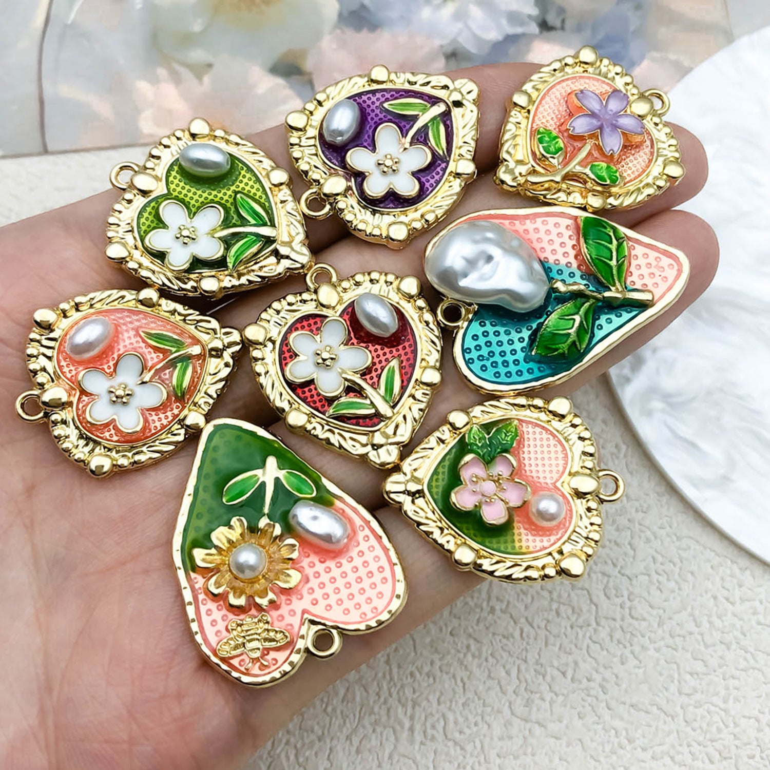 Zinc Alloy Enamel Heart Oil Painting Flower Charm Pendant for DIY Earrings Necklace