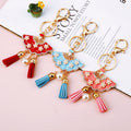 Pearl Flower Fan Tassel Keychains in Pink Red and Blue with Two Loop Styles view 2