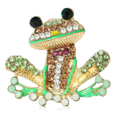 Product display showing a seated frog with pale green limbs, striped body, and dark round eyes