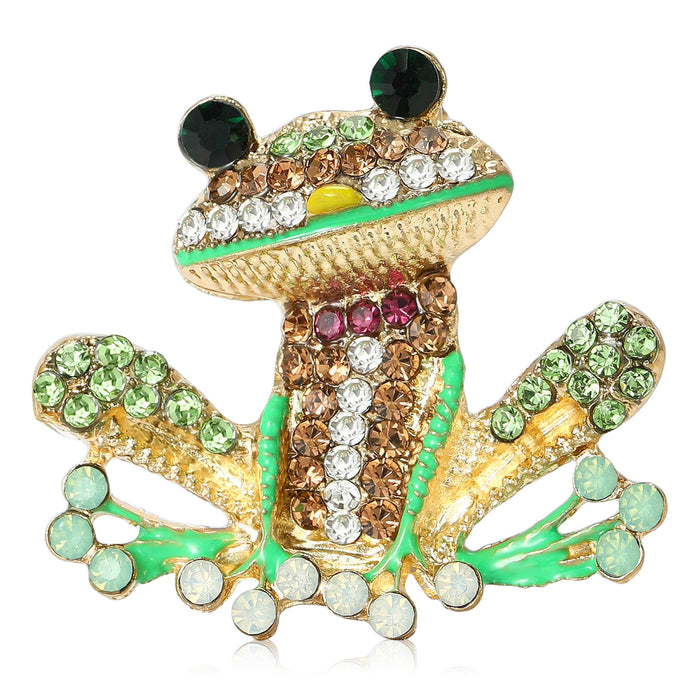 Green Crystal Frog Brooch with Striped Body Lapel Pin