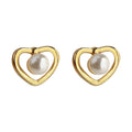 Gold Open Heart Stud Earrings with White Pearl Center view 5