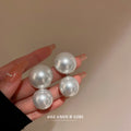 White Double Pearl Statement Stud Earrings Polished Metal Jewelry view 6