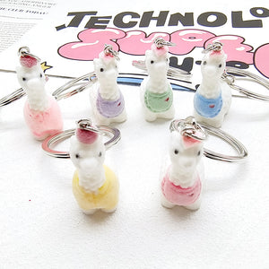 Flocked White Alpaca Llama Keychains Metal Rings 6 Styles