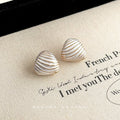White Shell Stud Earrings Gold Stripe Ridge Metal Pair view 3